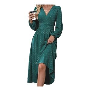 Womens XL Long Sleeve Maxi Dress, Emerald Green, Deep V Neck Calf Length